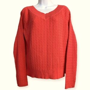 Talbots Coral V Neck Cotton Sweater Medium Textured Cable Knit